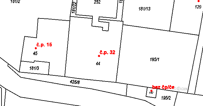 Tuřany 32 na parcele st. 44 v KÚ Byseň, Katastrální mapa