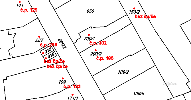 Rosice 185, Pardubice na parcele st. 200/2 v KÚ Rosice nad Labem, Katastrální mapa
