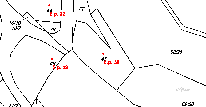 Pivonín 30, Zábřeh na parcele st. 45 v KÚ Pivonín, Katastrální mapa