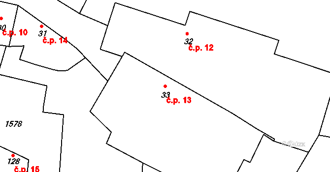 Bušanovice 13 na parcele st. 33 v KÚ Bušanovice, Katastrální mapa