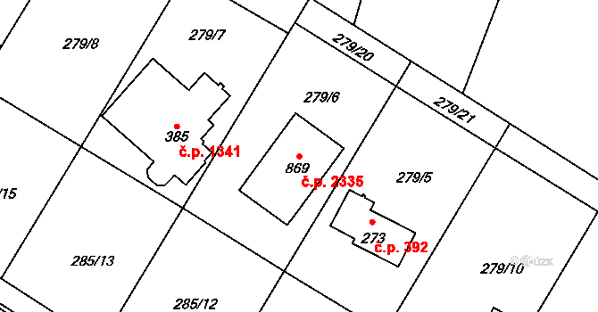 Nová Hospoda 2335, Kamenice na parcele st. 869 v KÚ Štiřín, Katastrální mapa
