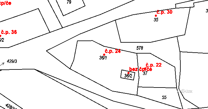 Sirákovice 24, Golčův Jeníkov na parcele st. 36/1 v KÚ Sirákovice, Katastrální mapa