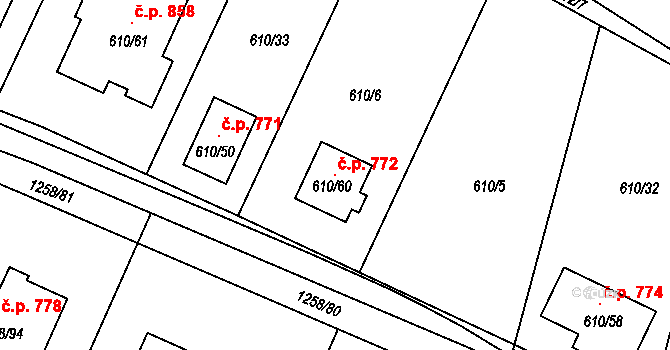 Drnovice 772 na parcele st. 610/60 v KÚ Drnovice u Vyškova, Katastrální mapa