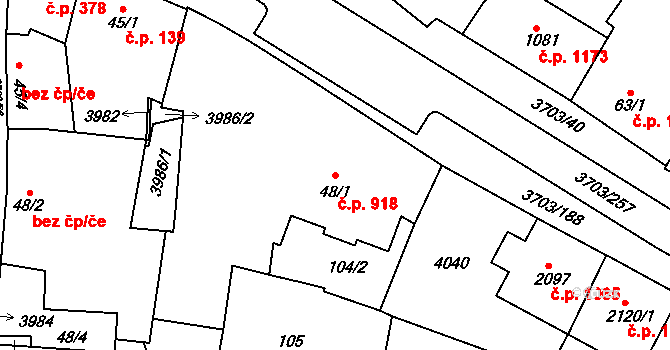Dobřany 918 na parcele st. 48/1 v KÚ Dobřany, Katastrální mapa