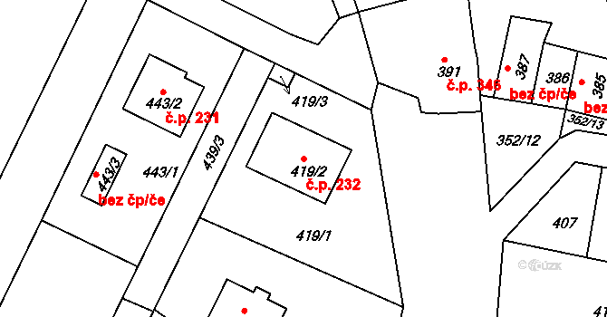 Šatov 232 na parcele st. 419/2 v KÚ Šatov, Katastrální mapa