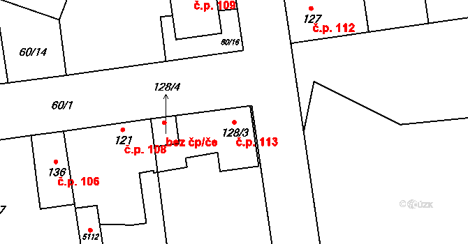 Jiřice 113 na parcele st. 128/3 v KÚ Jiřice, Katastrální mapa