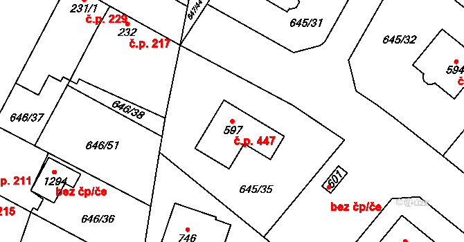 Líbeznice 447 na parcele st. 597 v KÚ Líbeznice, Katastrální mapa
