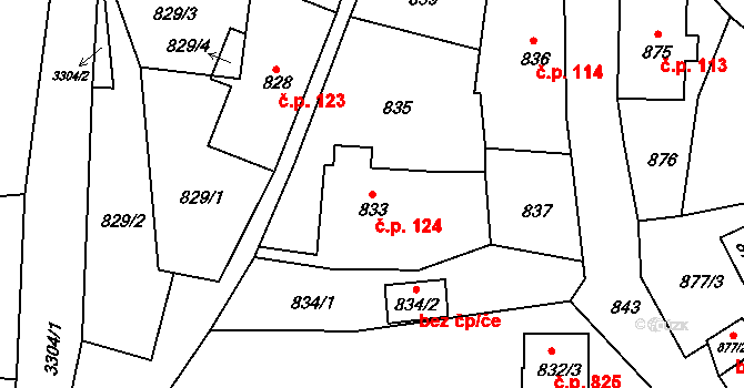 Doksy 124 na parcele st. 833 v KÚ Doksy u Máchova jezera, Katastrální mapa