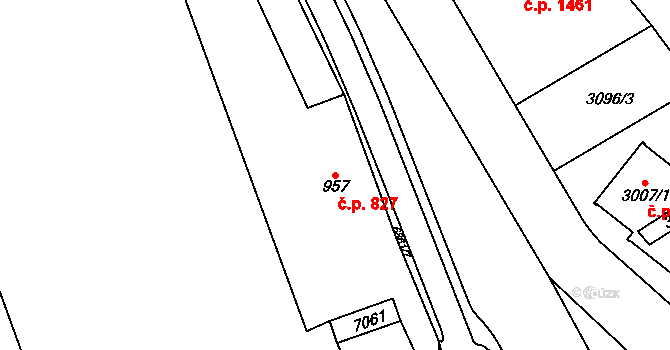 Kraslice 827 na parcele st. 957 v KÚ Kraslice, Katastrální mapa