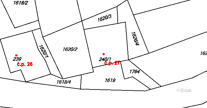 Hamry 27, Bystré na parcele st. 240/1 v KÚ Hamry nad Křetínkou, Katastrální mapa