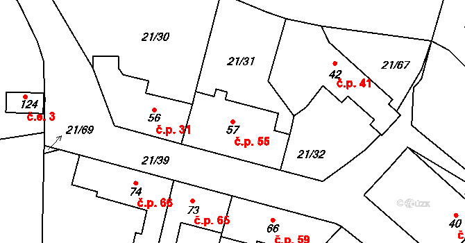 Hříběcí 55, Horní Cerekev na parcele st. 57 v KÚ Hříběcí, Katastrální mapa