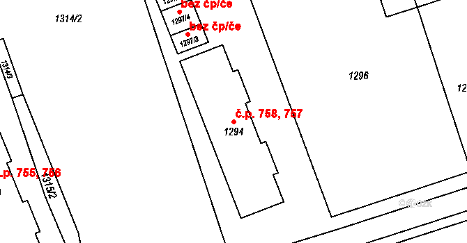 Jablunkov 757,758 na parcele st. 1294 v KÚ Jablunkov, Katastrální mapa