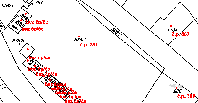 Buchlovice 782 na parcele st. 886/2 v KÚ Buchlovice, Katastrální mapa