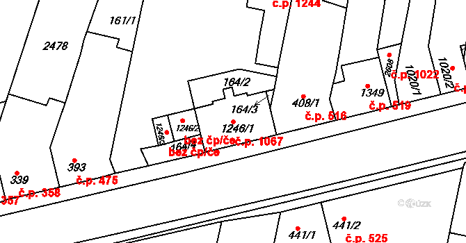 Rosice 1067 na parcele st. 1246/1 v KÚ Rosice u Brna, Katastrální mapa