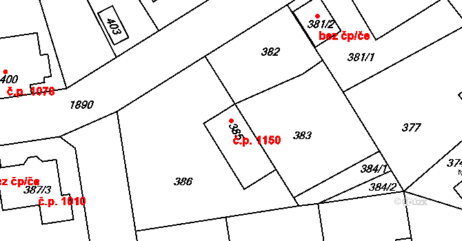 Dubeč 1150, Praha na parcele st. 385 v KÚ Dubeč, Katastrální mapa