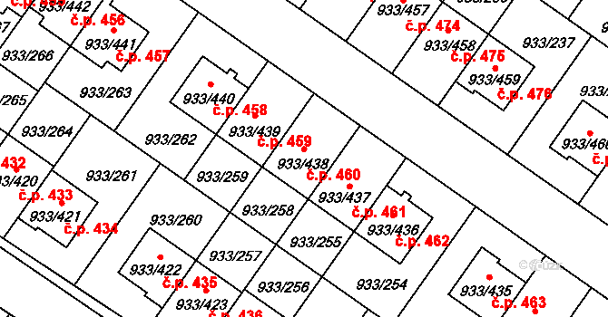 Satalice 460, Praha na parcele st. 933/438 v KÚ Satalice, Katastrální mapa