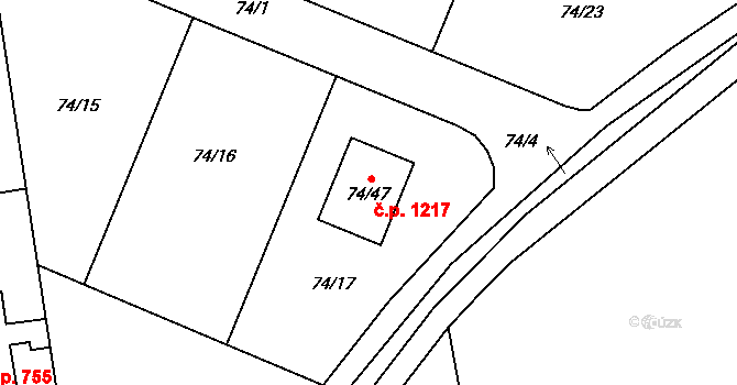 Suchdol 1217, Praha na parcele st. 74/47 v KÚ Suchdol, Katastrální mapa