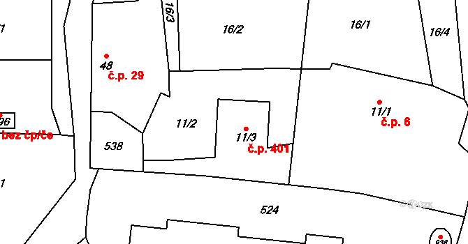 Senohraby 401 na parcele st. 11/3 v KÚ Senohraby, Katastrální mapa