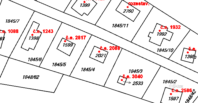 Litice 2088, Plzeň na parcele st. 2021 v KÚ Litice u Plzně, Katastrální mapa