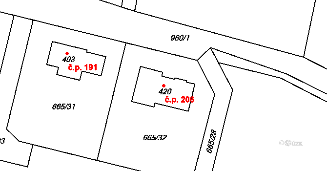 Smrkovice 206, Písek na parcele st. 420 v KÚ Smrkovice, Katastrální mapa