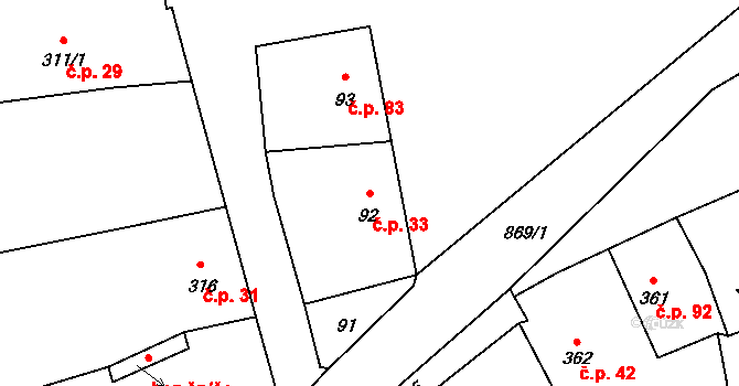 Netvořice 33 na parcele st. 92 v KÚ Netvořice, Katastrální mapa