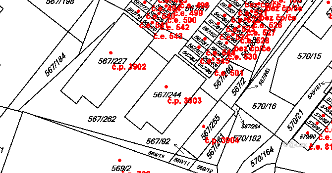 Vyškov-Předměstí 3903, Vyškov na parcele st. 567/244 v KÚ Vyškov, Katastrální mapa