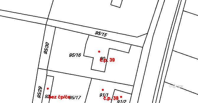 Čížová 39 na parcele st. 90 v KÚ Nová Ves u Čížové, Katastrální mapa