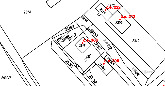 Buchlovice 300 na parcele st. 2317 v KÚ Buchlovice, Katastrální mapa