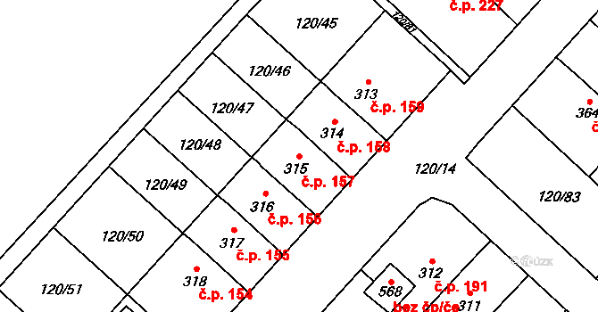 Trnová 157, Pardubice na parcele st. 315 v KÚ Trnová, Katastrální mapa