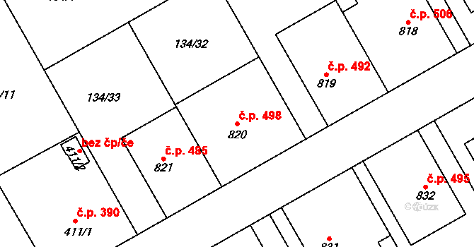 Rosice 498, Pardubice na parcele st. 820 v KÚ Rosice nad Labem, Katastrální mapa