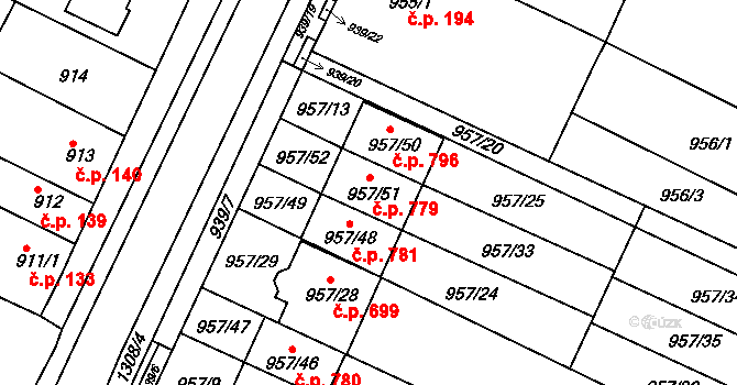 Soběšice 779, Brno na parcele st. 957/51 v KÚ Soběšice, Katastrální mapa