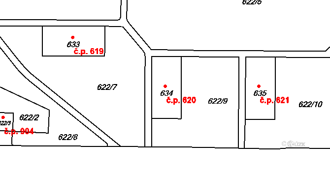 Podbořany 620 na parcele st. 634 v KÚ Podbořany, Katastrální mapa