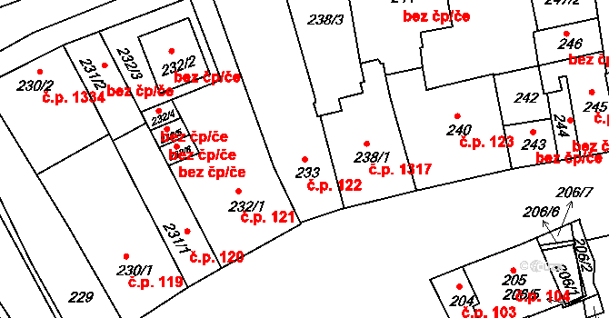 Holešov 122 na parcele st. 233 v KÚ Holešov, Katastrální mapa