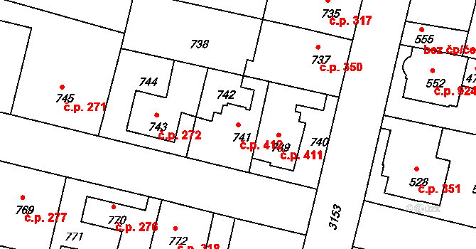 Čelákovice 412 na parcele st. 741 v KÚ Čelákovice, Katastrální mapa