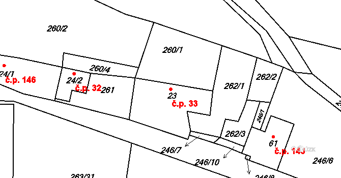 Hostěradice 33, Kamenný Přívoz na parcele st. 23 v KÚ Hostěradice, Katastrální mapa