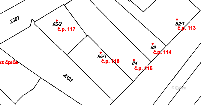 Tišnov 116 na parcele st. 85/1 v KÚ Tišnov, Katastrální mapa