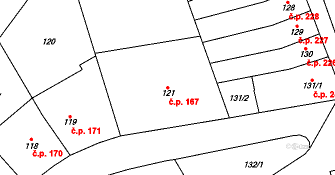 Vyškov-Město 167, Vyškov na parcele st. 121 v KÚ Vyškov, Katastrální mapa