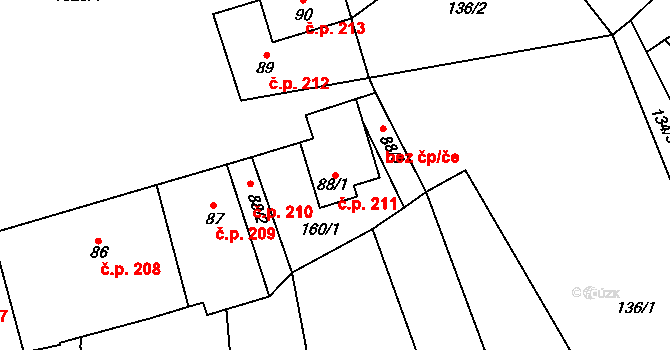 Lomnice 211 na parcele st. 88/1 v KÚ Lomnice u Tišnova, Katastrální mapa