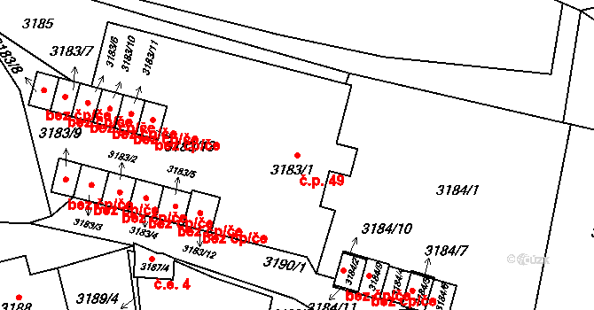 Udánky 49, Moravská Třebová na parcele st. 3183/1 v KÚ Moravská Třebová, Katastrální mapa