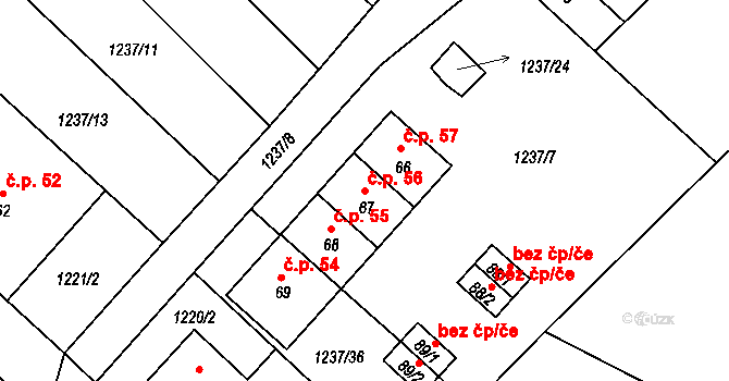 Třebohostice 56 na parcele st. 67 v KÚ Třebohostice, Katastrální mapa