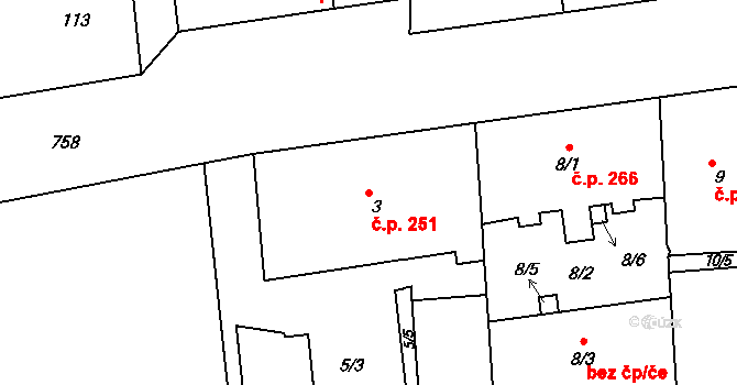Zábrdovice 251, Brno na parcele st. 3 v KÚ Zábrdovice, Katastrální mapa