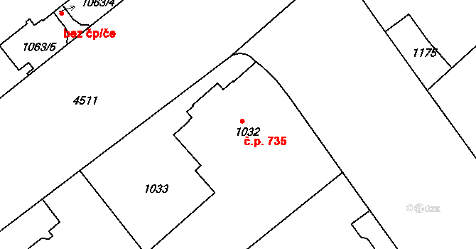 Teplice 735 na parcele st. 1032 v KÚ Teplice, Katastrální mapa
