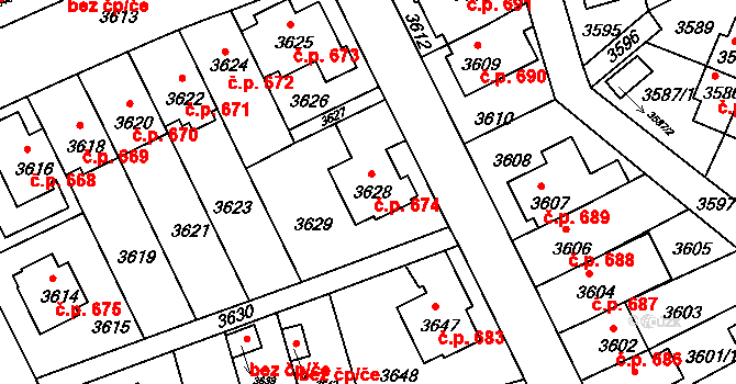Záběhlice 674, Praha na parcele st. 3628 v KÚ Záběhlice, Katastrální mapa