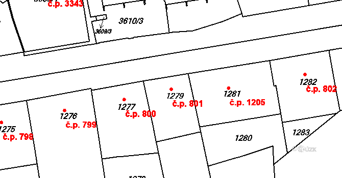 Košíře 801, Praha na parcele st. 1279 v KÚ Košíře, Katastrální mapa