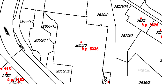 Chomutov 5336 na parcele st. 2655/6 v KÚ Chomutov I, Katastrální mapa