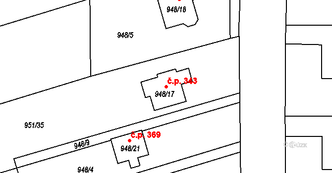 Komárov 343, Opava na parcele st. 948/17 v KÚ Komárov u Opavy, Katastrální mapa
