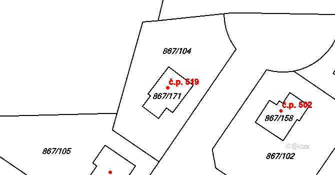 Hřebeč 519 na parcele st. 867/171 v KÚ Hřebeč, Katastrální mapa