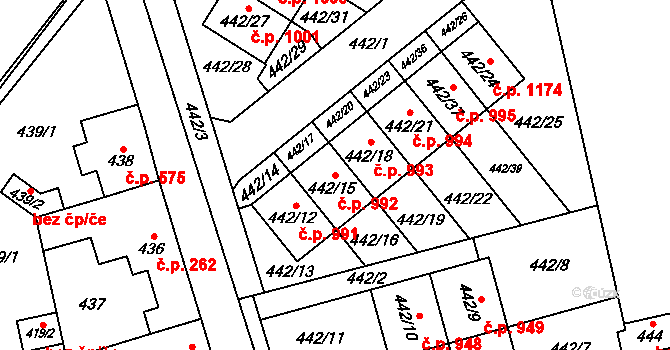 Řeporyje 992, Praha na parcele st. 442/15 v KÚ Řeporyje, Katastrální mapa