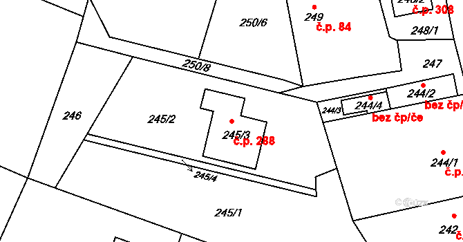 Suché Lazce 288, Opava na parcele st. 245/3 v KÚ Suché Lazce, Katastrální mapa