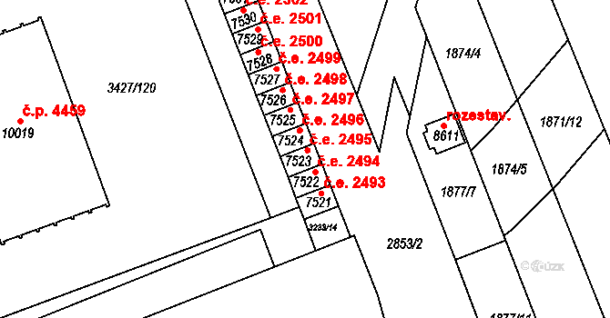 Hodonín 2495 na parcele st. 7523 v KÚ Hodonín, Katastrální mapa